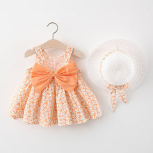 Load image into Gallery viewer, 2pcs Summer Baby Girls Beach Princess Dress Cute Bow Flowers Sleeveless Cotton Toddler Dresses+Sunhat Newborn Clothing Set