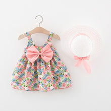 Load image into Gallery viewer, 2pcs Summer Baby Girls Beach Princess Dress Cute Bow Flowers Sleeveless Cotton Toddler Dresses+Sunhat Newborn Clothing Set