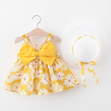 Load image into Gallery viewer, 2pcs Summer Baby Girls Beach Princess Dress Cute Bow Flowers Sleeveless Cotton Toddler Dresses+Sunhat Newborn Clothing Set