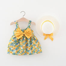 Load image into Gallery viewer, 2pcs Summer Baby Girls Beach Princess Dress Cute Bow Flowers Sleeveless Cotton Toddler Dresses+Sunhat Newborn Clothing Set