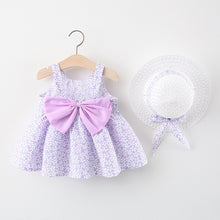 Load image into Gallery viewer, 2pcs Summer Baby Girls Beach Princess Dress Cute Bow Flowers Sleeveless Cotton Toddler Dresses+Sunhat Newborn Clothing Set
