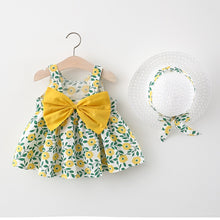 Load image into Gallery viewer, 2pcs Summer Baby Girls Beach Princess Dress Cute Bow Flowers Sleeveless Cotton Toddler Dresses+Sunhat Newborn Clothing Set
