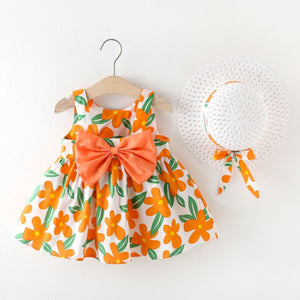 Big Bow Baby Dress Lovely Summer Infant Baby Girl Clothes Cute Dot Sleeveless Cotton Toddler Dresses+Sunhat Newborn Clothing Set