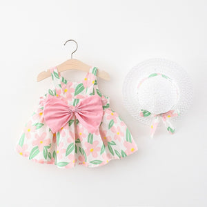 Big Bow Baby Dress Lovely Summer Infant Baby Girl Clothes Cute Dot Sleeveless Cotton Toddler Dresses+Sunhat Newborn Clothing Set