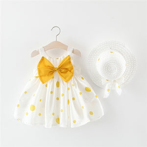 Big Bow Baby Dress Lovely Summer Infant Baby Girl Clothes Cute Dot Sleeveless Cotton Toddler Dresses+Sunhat Newborn Clothing Set