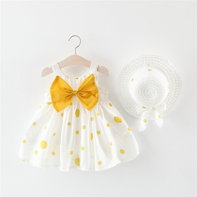 Big Bow Baby Dress Lovely Summer Infant Baby Girl Clothes Cute Dot Sleeveless Cotton Toddler Dresses+Sunhat Newborn Clothing Set