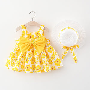 2Piece Summer Clothes Baby Girl Beach Dresses Casual Fashion Print Cute Bow Flower Princess Dress+Hat Newborn Clothing Set BC171