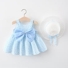 Load image into Gallery viewer, 2pcs Summer Baby Girls Beach Princess Dress Cute Bow Flowers Sleeveless Cotton Toddler Dresses+Sunhat Newborn Clothing Set