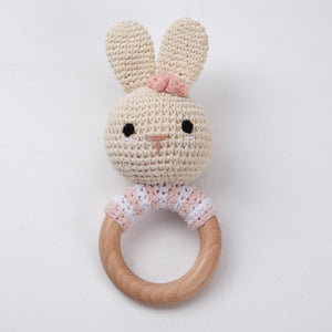 Newborn Baby Rattles Cute Cartoon Animal Rabbit Grab Ability Training Toys Infant Bell Toy Original Wood Crochet Hook Knitted
