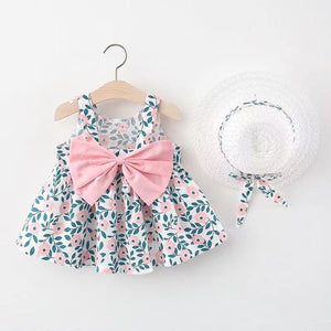 Big Bow Baby Dress Lovely Summer Infant Baby Girl Clothes Cute Dot Sleeveless Cotton Toddler Dresses+Sunhat Newborn Clothing Set