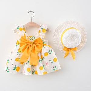 2pcs Summer Baby Girls Beach Princess Dress Cute Bow Flowers Sleeveless Cotton Toddler Dresses+Sunhat Newborn Clothing Set