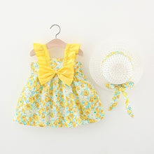 Load image into Gallery viewer, 2pcs Summer Baby Girls Beach Princess Dress Cute Bow Flowers Sleeveless Cotton Toddler Dresses+Sunhat Newborn Clothing Set