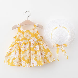 Big Bow Baby Dress Lovely Summer Infant Baby Girl Clothes Cute Dot Sleeveless Cotton Toddler Dresses+Sunhat Newborn Clothing Set