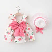 Load image into Gallery viewer, 2pcs Summer Baby Girls Beach Princess Dress Cute Bow Flowers Sleeveless Cotton Toddler Dresses+Sunhat Newborn Clothing Set