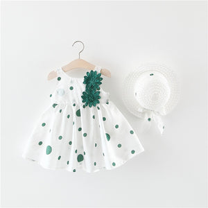 Big Bow Baby Dress Lovely Summer Infant Baby Girl Clothes Cute Dot Sleeveless Cotton Toddler Dresses+Sunhat Newborn Clothing Set