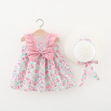 Load image into Gallery viewer, 2pcs Summer Baby Girls Beach Princess Dress Cute Bow Flowers Sleeveless Cotton Toddler Dresses+Sunhat Newborn Clothing Set