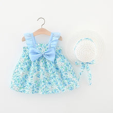 Load image into Gallery viewer, 2pcs Summer Baby Girls Beach Princess Dress Cute Bow Flowers Sleeveless Cotton Toddler Dresses+Sunhat Newborn Clothing Set