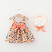 Load image into Gallery viewer, 2pcs Summer Baby Girls Beach Princess Dress Cute Bow Flowers Sleeveless Cotton Toddler Dresses+Sunhat Newborn Clothing Set
