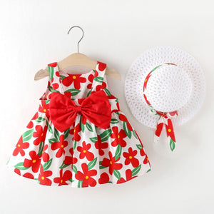 Big Bow Baby Dress Lovely Summer Infant Baby Girl Clothes Cute Dot Sleeveless Cotton Toddler Dresses+Sunhat Newborn Clothing Set