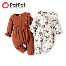 Load image into Gallery viewer, PatPat Baby Girl Long-sleeve Jumpsuit Baby Romper Spring and Summer Baby Girls Newborn Clothings Brown/White Butterfly Ruffle